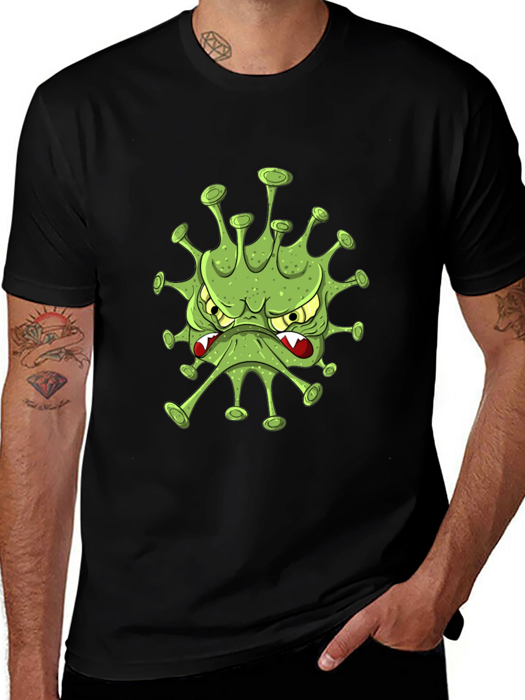 Mens Black T-Shirt with Cartoon Virus Design
