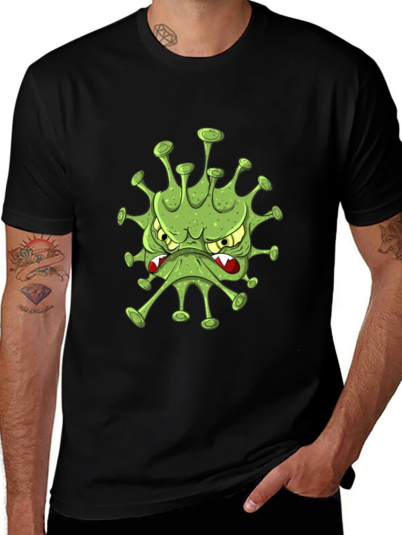 Mens Black T-Shirt with Cartoon Virus Design