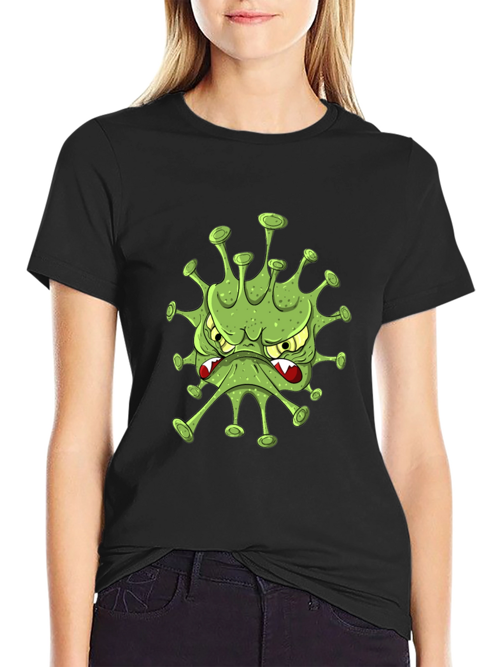Mens Black T-Shirt with Cartoon Virus Design