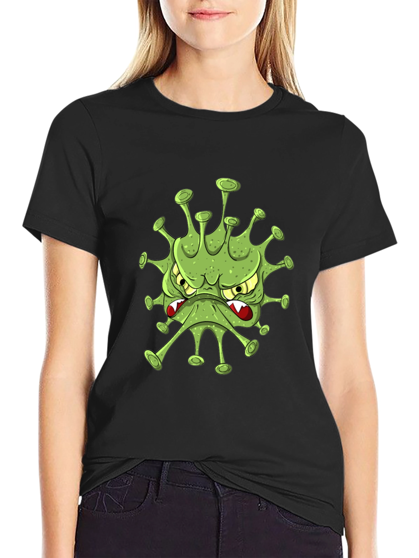 Mens Black T-Shirt with Cartoon Virus Design