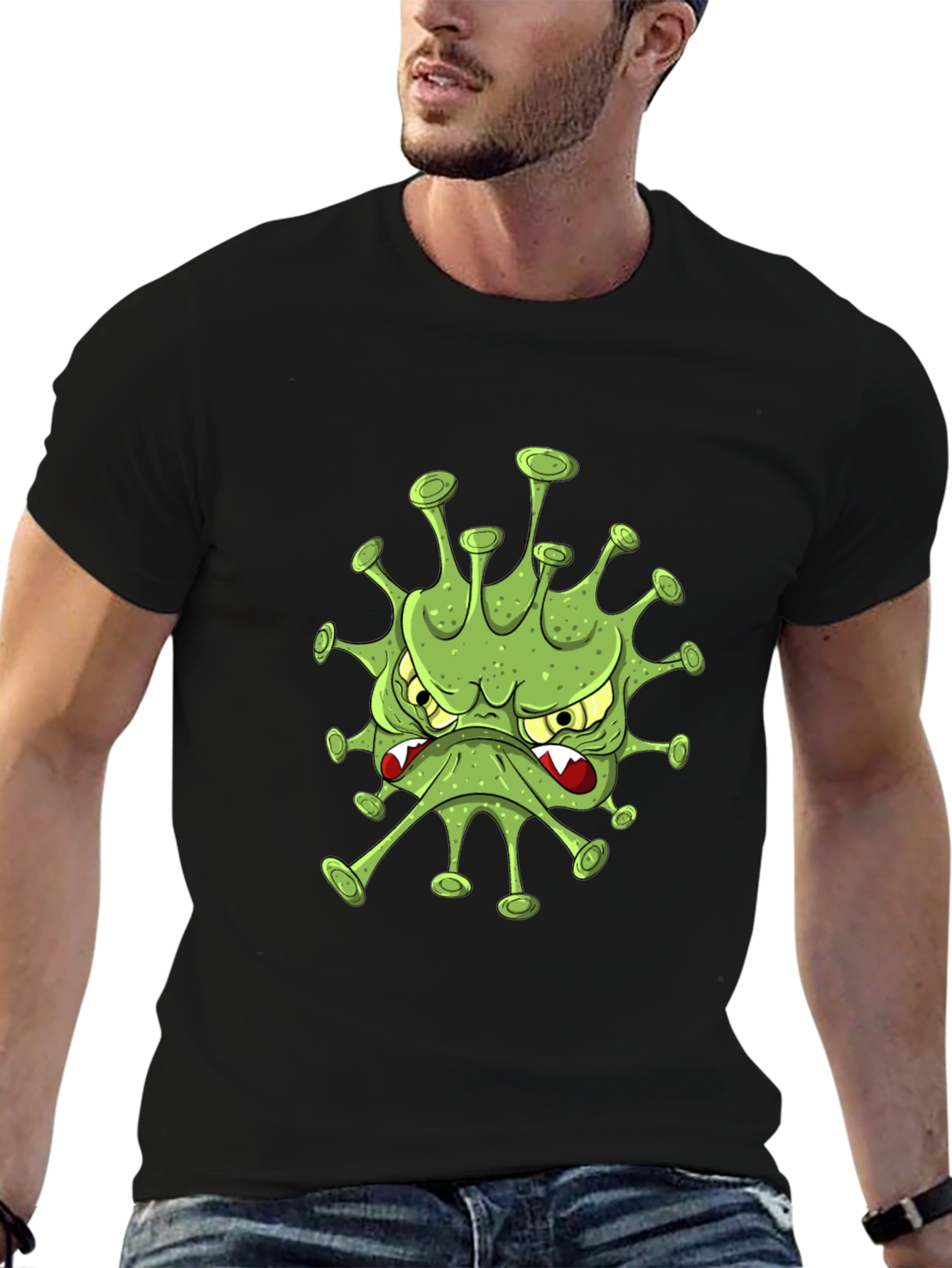 Mens Black T-Shirt with Cartoon Virus Design