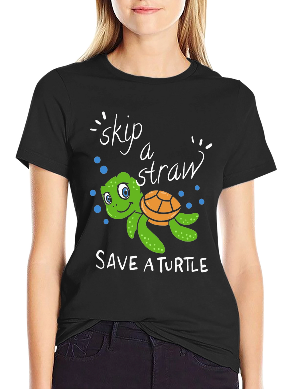 Skip A Straw Save A Turtle Black T-Shirt