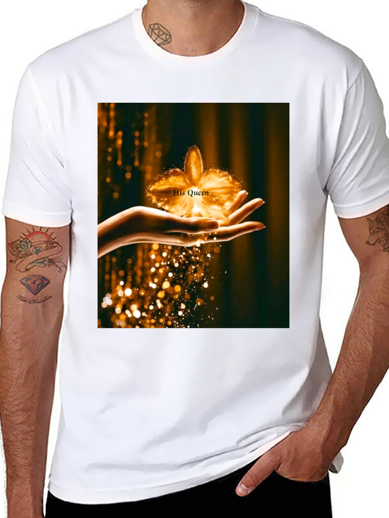 His Queen Gold Flower Graphic Black T-Shirt