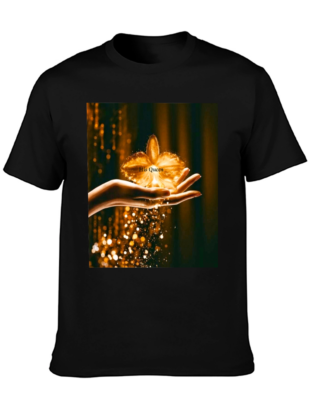 His Queen Gold Flower Graphic Black T-Shirt