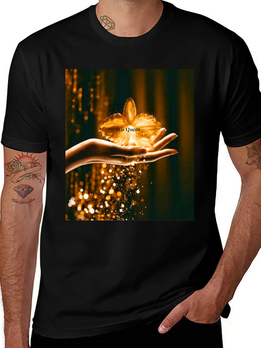 His Queen Gold Flower Graphic Black T-Shirt