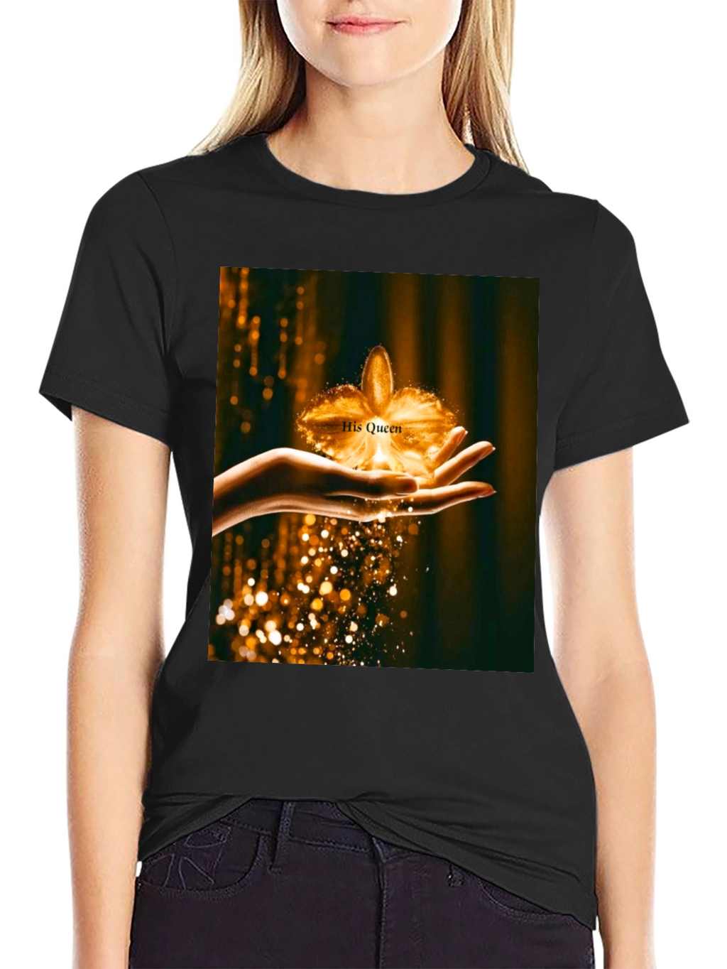 His Queen Gold Flower Graphic Black T-Shirt