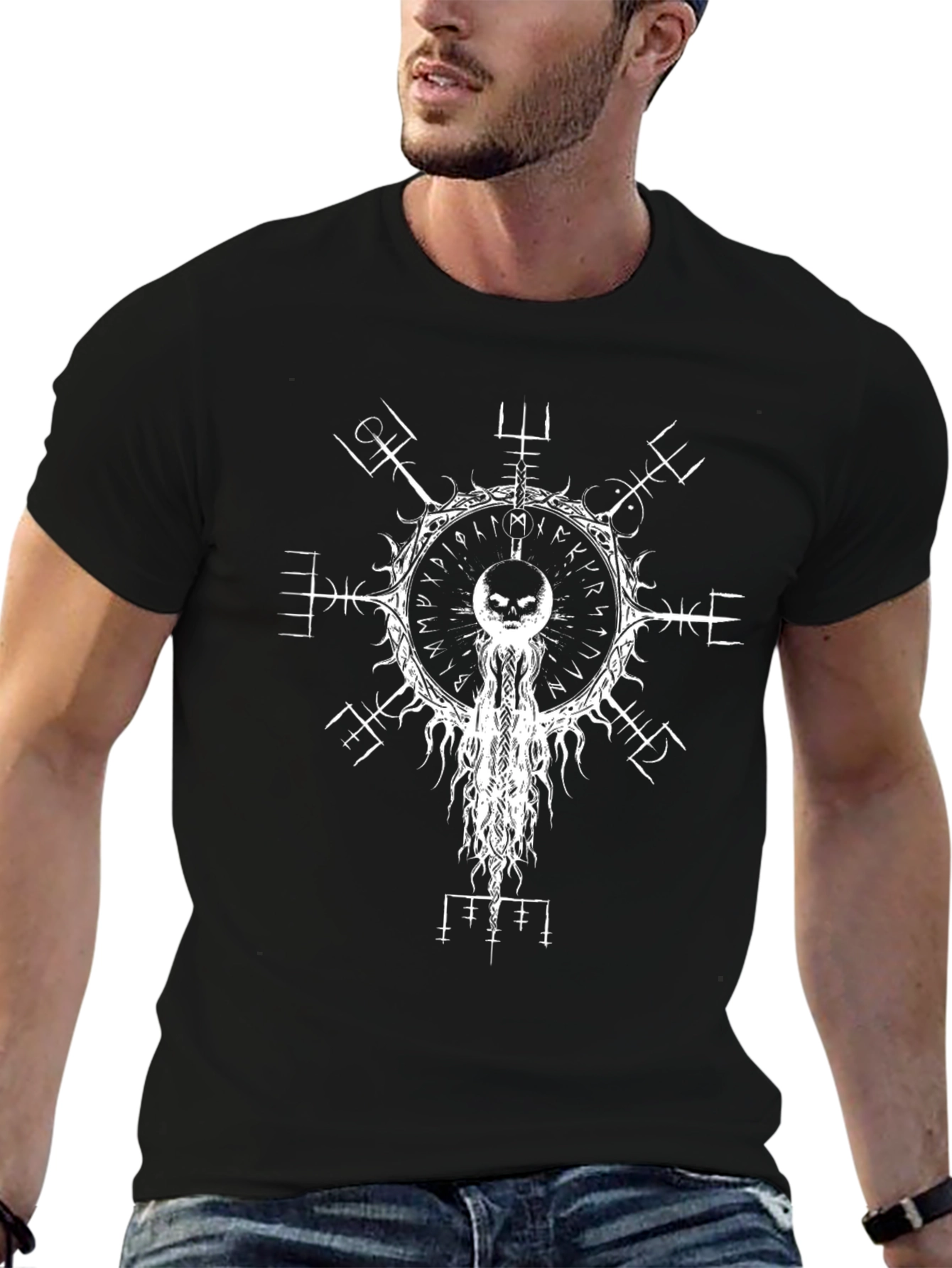 Black T-Shirt with White Occult Design