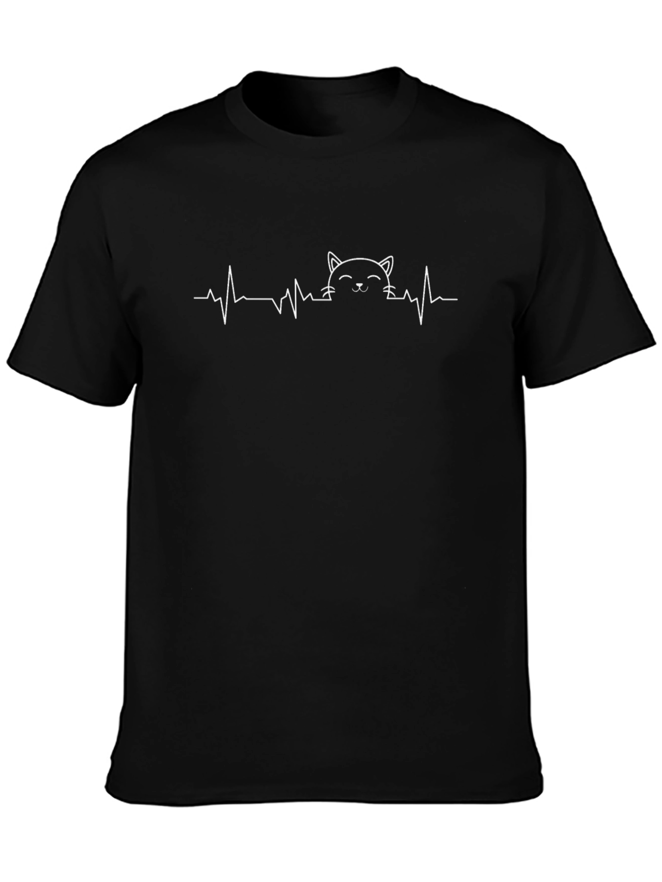 Cat Heartbeat Graphic Tee - Black Cotton Casual T-Shirt