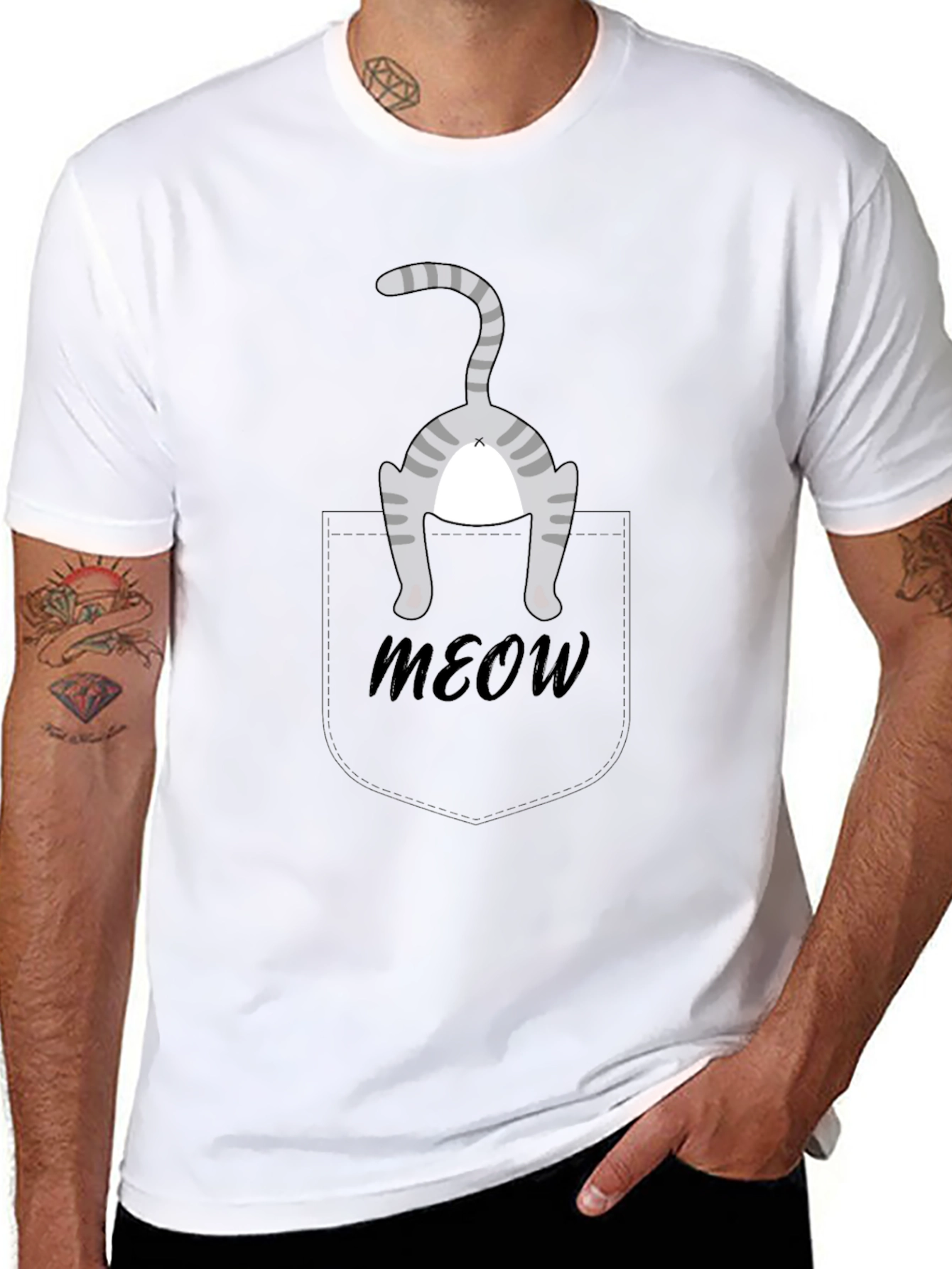 Funny Cat Pocket T-Shirt - Meow!