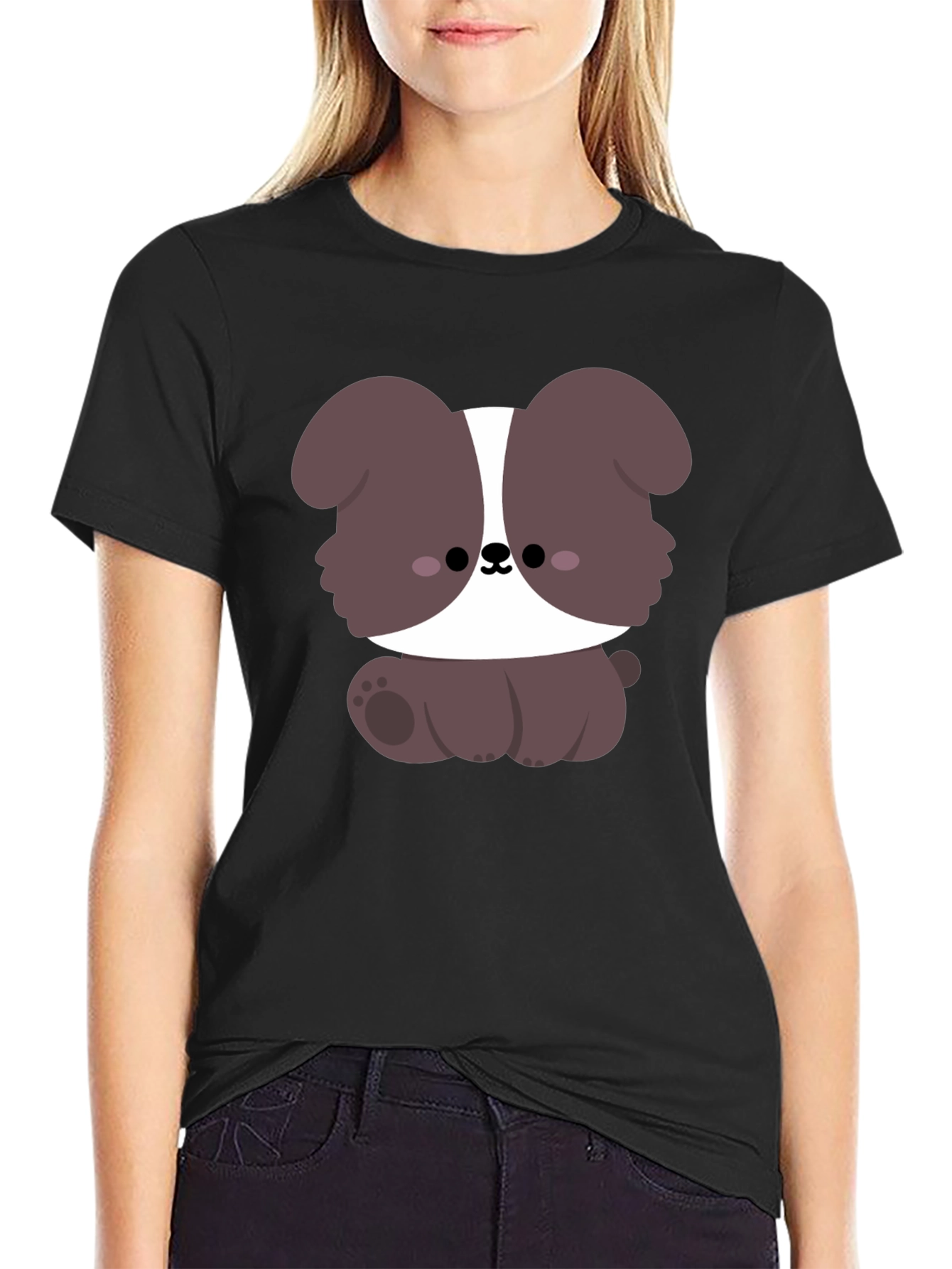 Cute Cartoon Dog Graphic Black T-Shirt