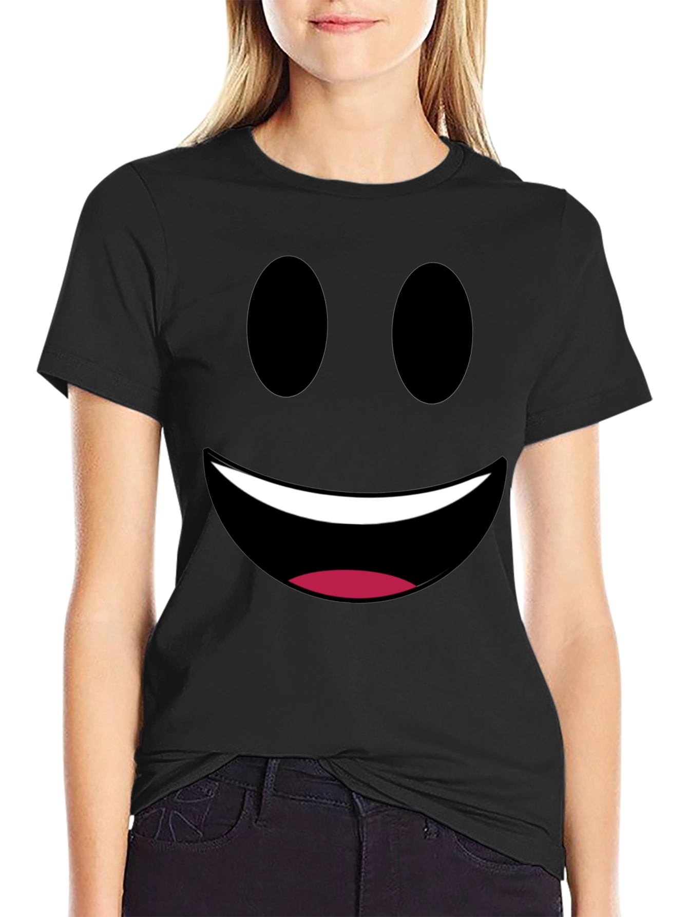 Smiley Face Graphic Tee - Black Cotton Comfort