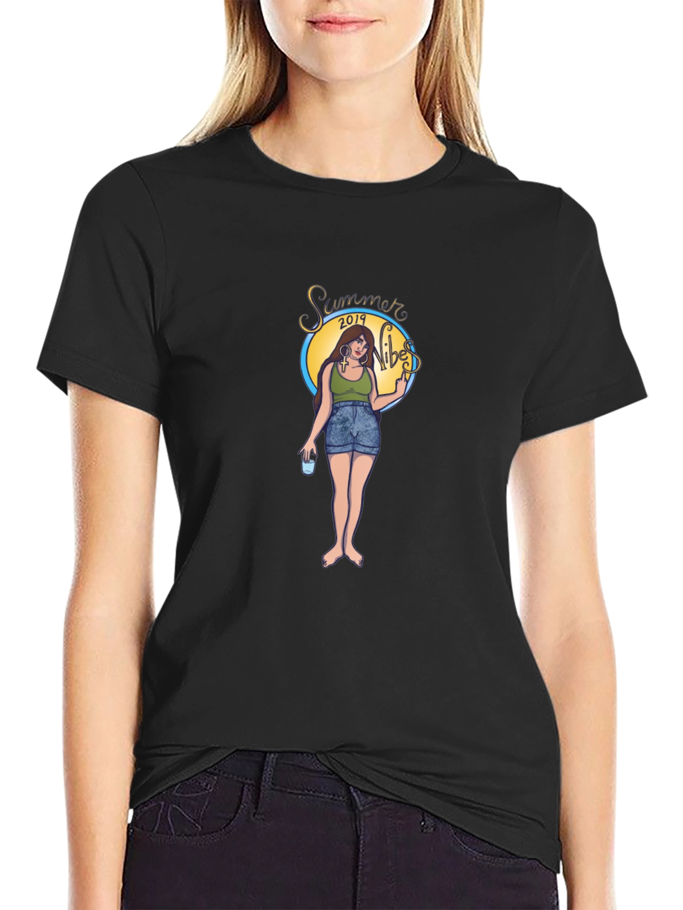 Summer Vibes Graphic Tee - Black Cotton T-Shirt