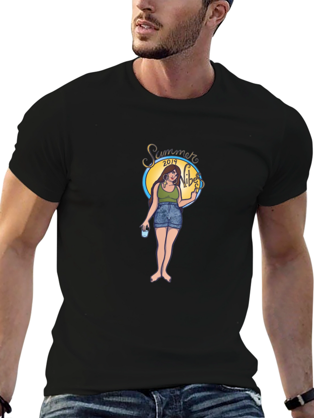 Summer Vibes Graphic Tee - Black Cotton T-Shirt