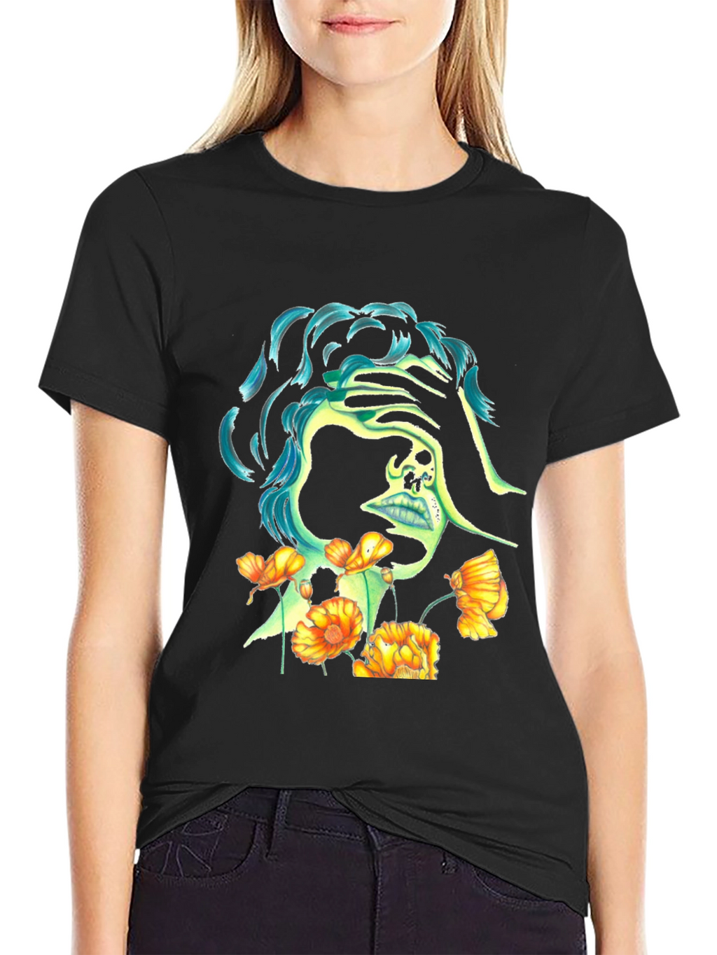 Skull & Flowers Graphic Black T-Shirt