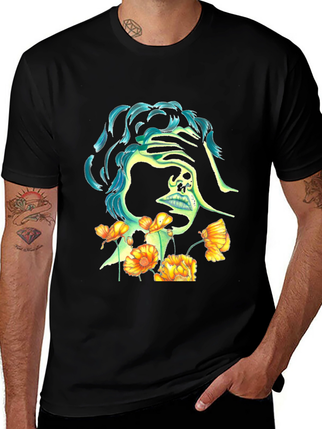 Skull & Flowers Graphic Black T-Shirt