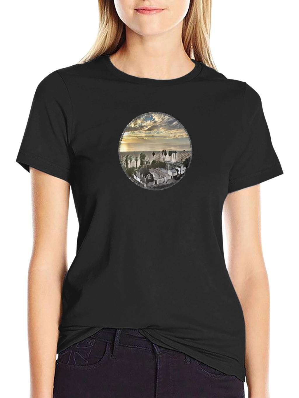 Coastal View Graphic Tee - Soft Black Cotton Shirt