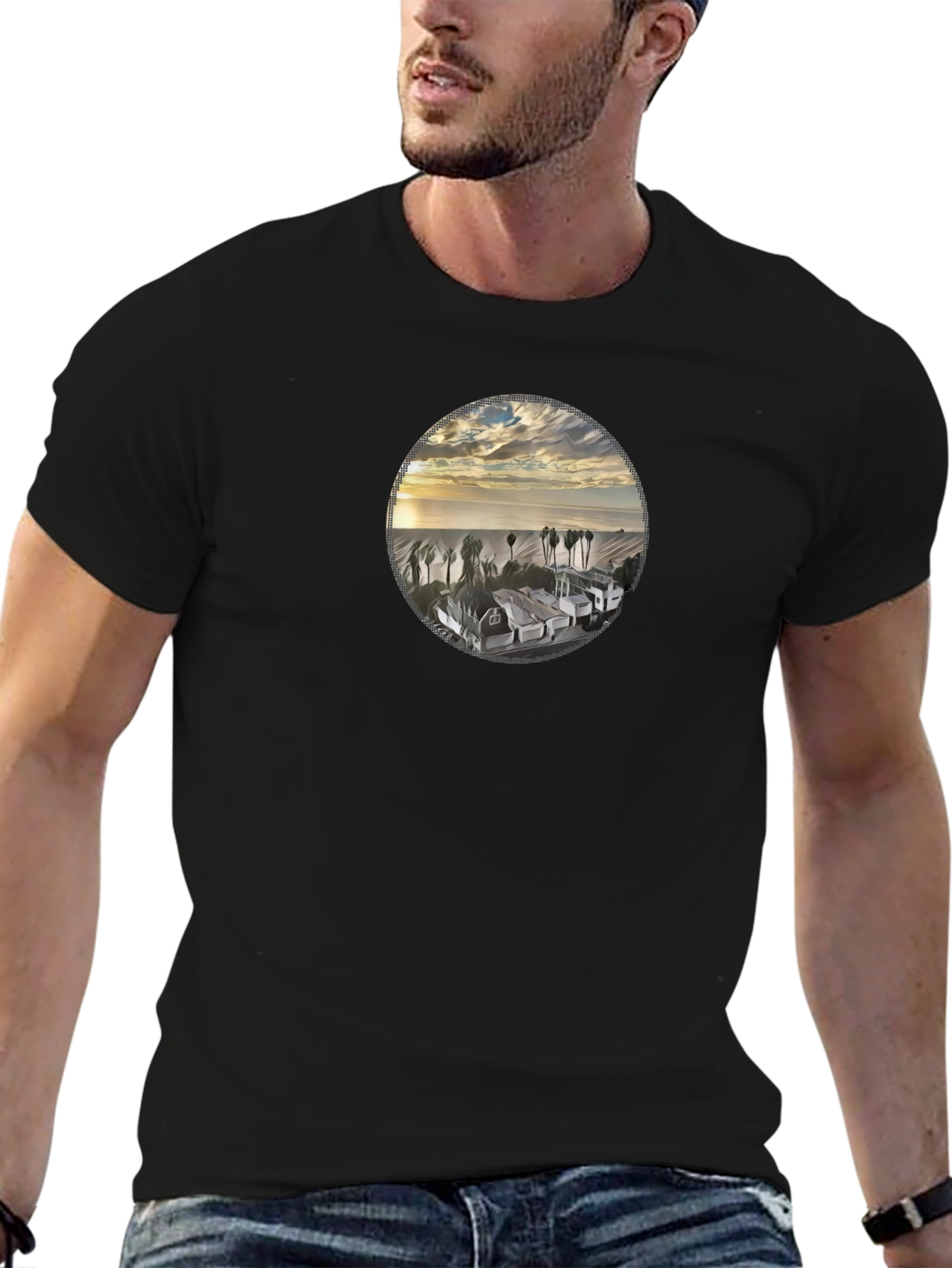 Coastal View Graphic Tee - Soft Black Cotton Shirt