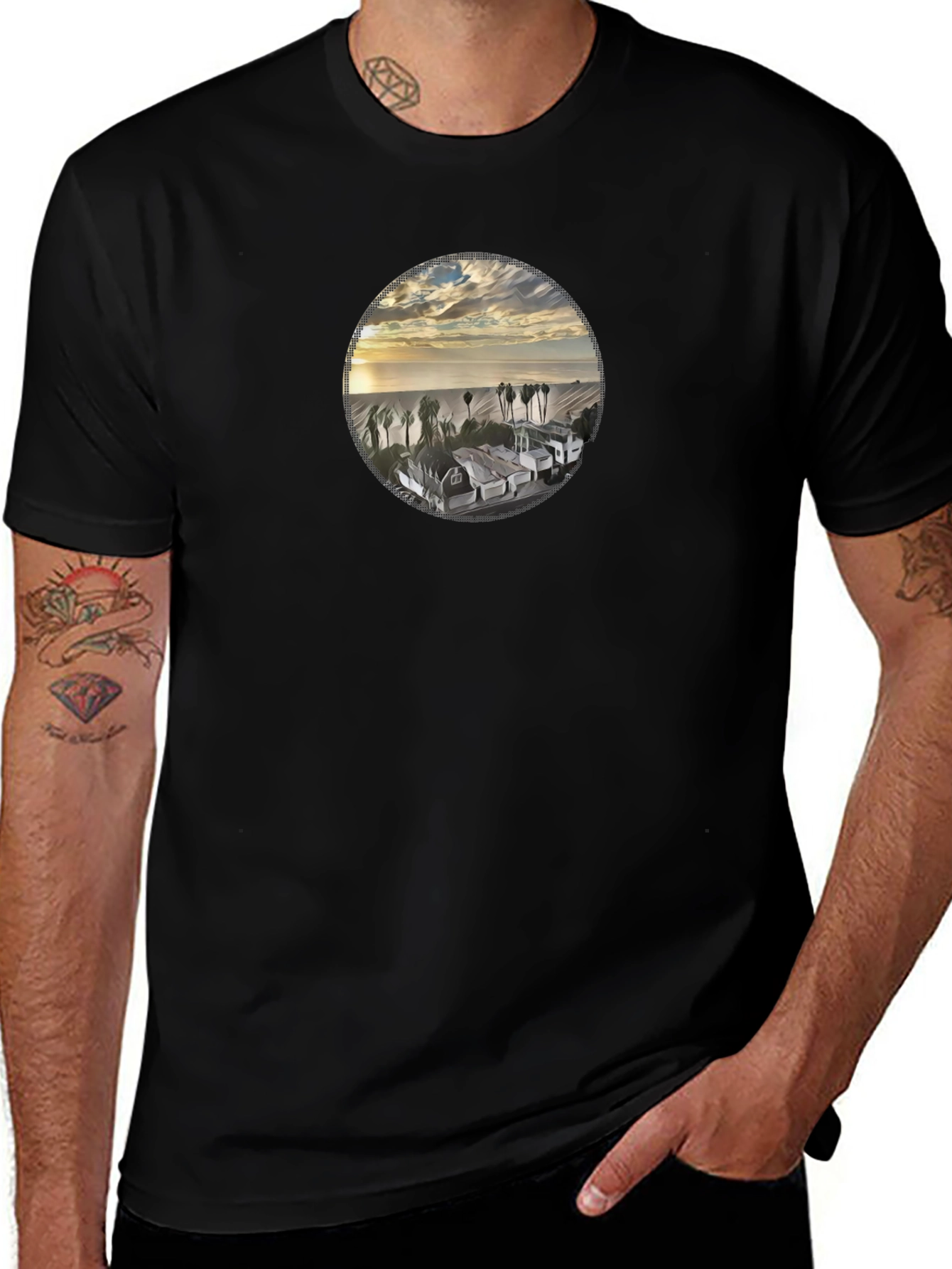 Coastal View Graphic Tee - Soft Black Cotton Shirt
