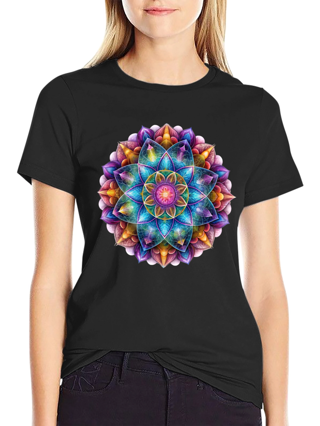 Vibrant Mandala Print Black T-Shirt