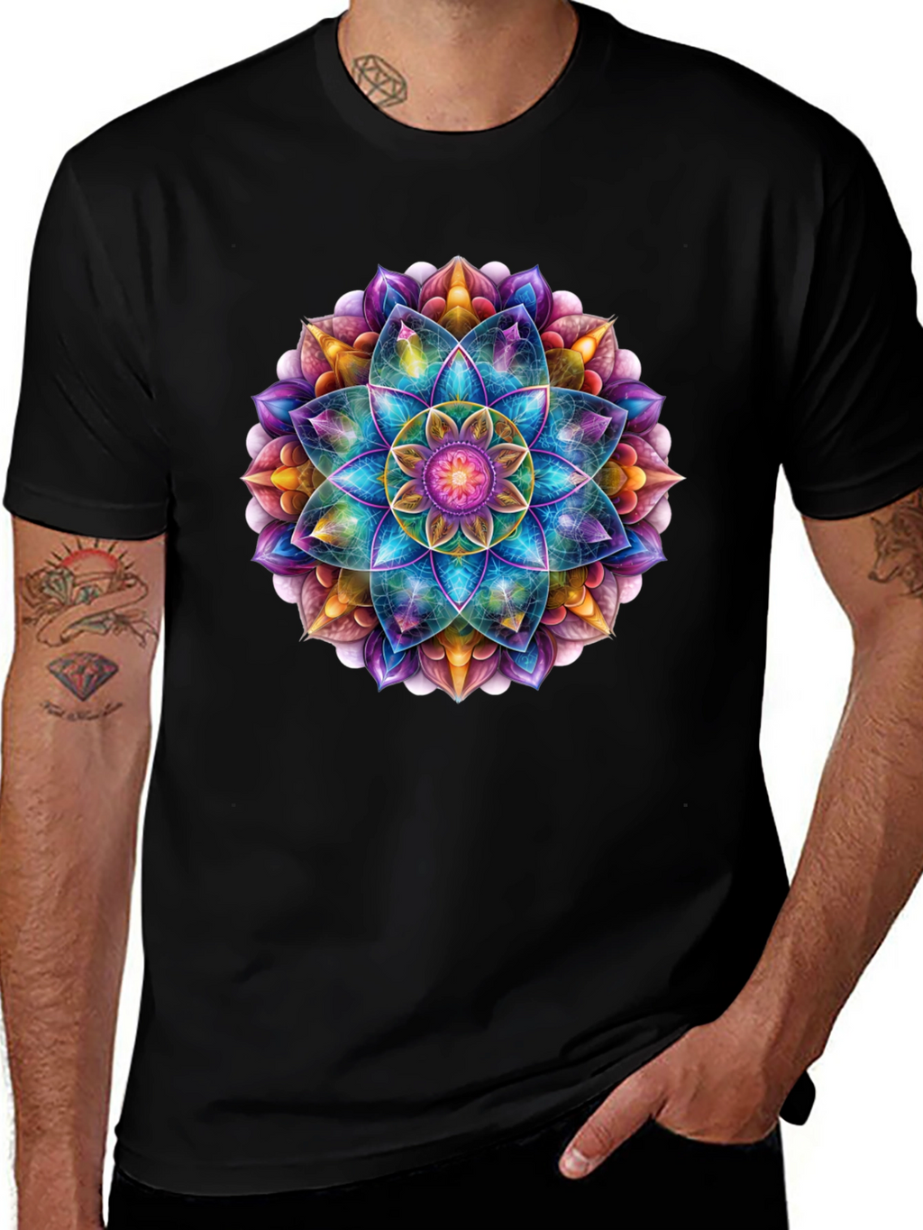 Vibrant Mandala Print Black T-Shirt