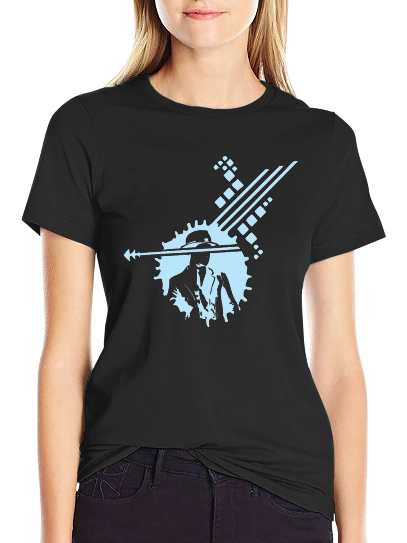 Stylish Black Graphic Tee with Cool Blue Design