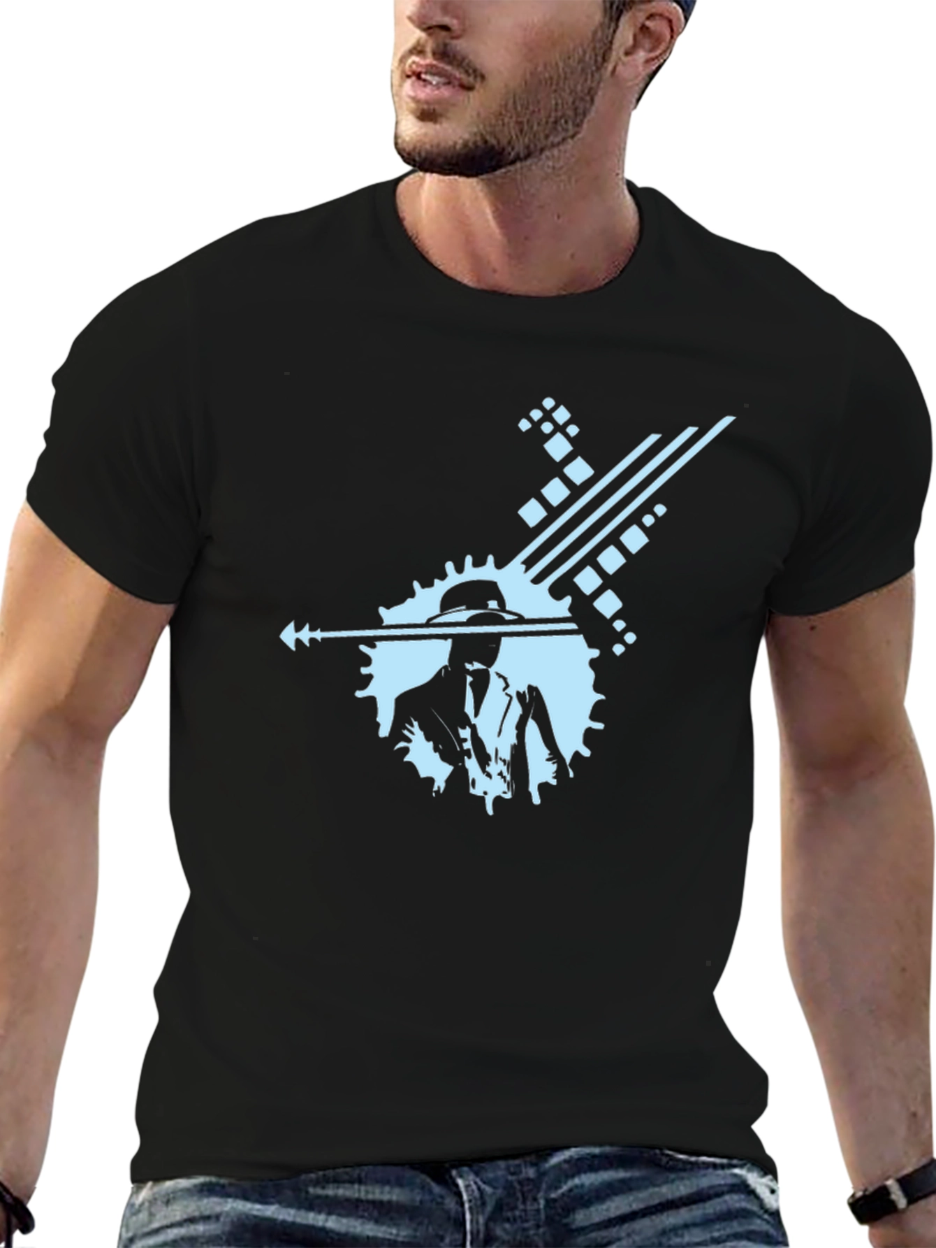 Stylish Black Graphic Tee with Cool Blue Design