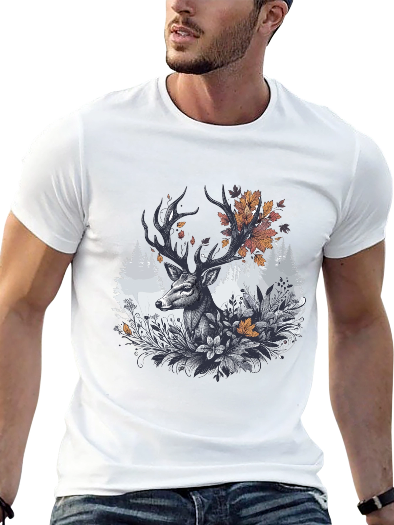 Deer Floral Graphic Tee - Black