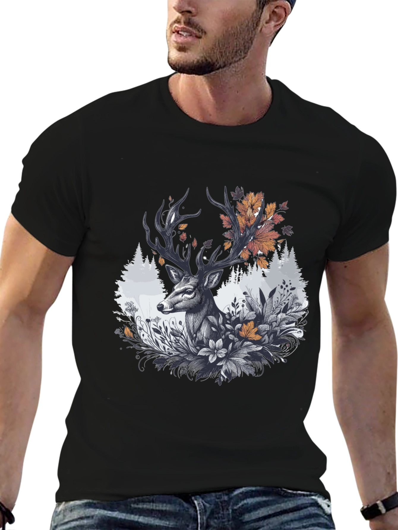 Deer Floral Graphic Tee - Black