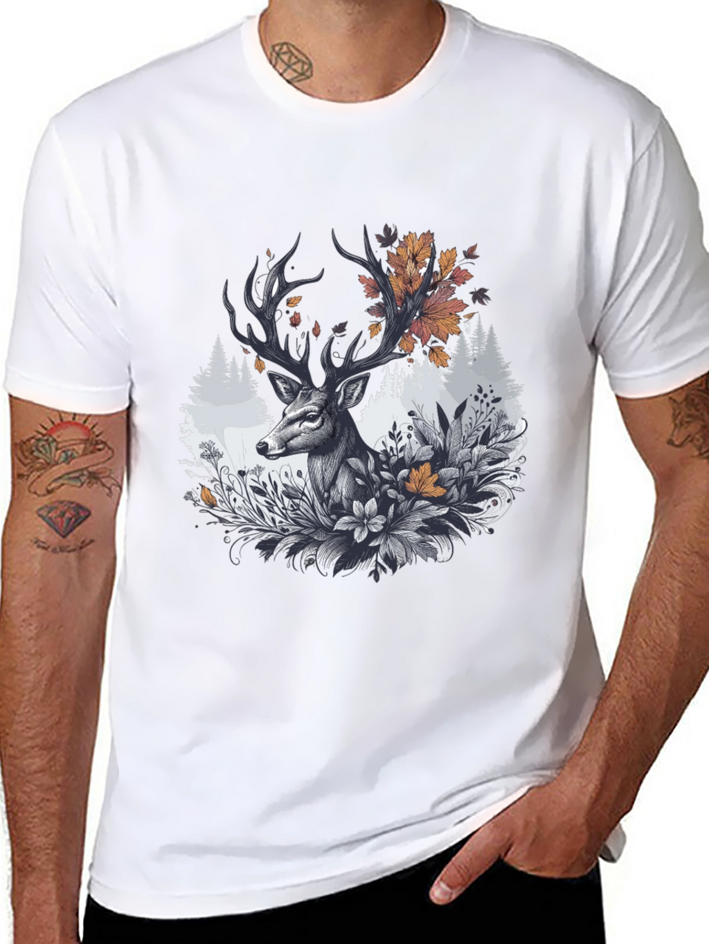 Deer Floral Graphic Tee - Black