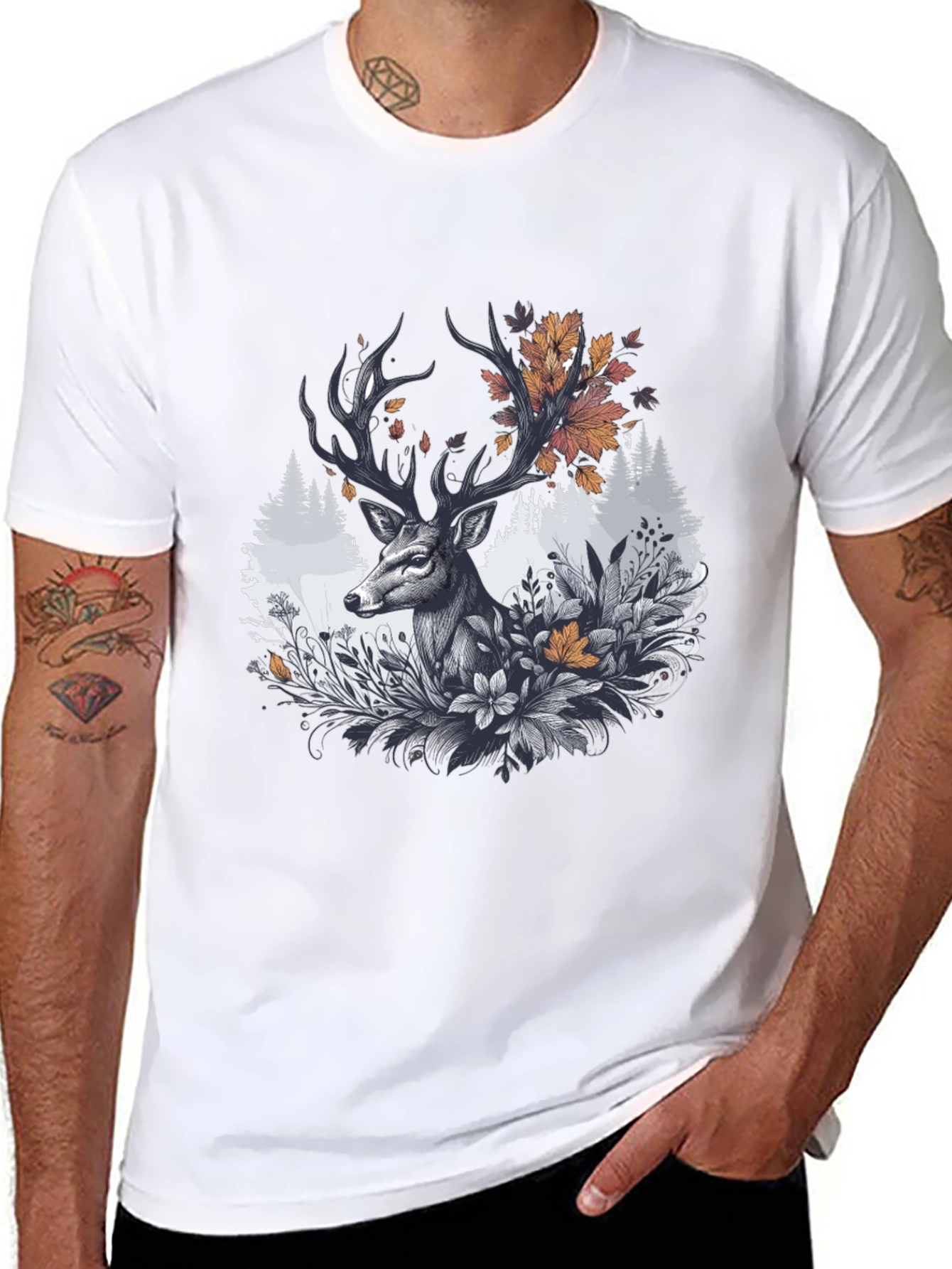 Deer Floral Graphic Tee - Black