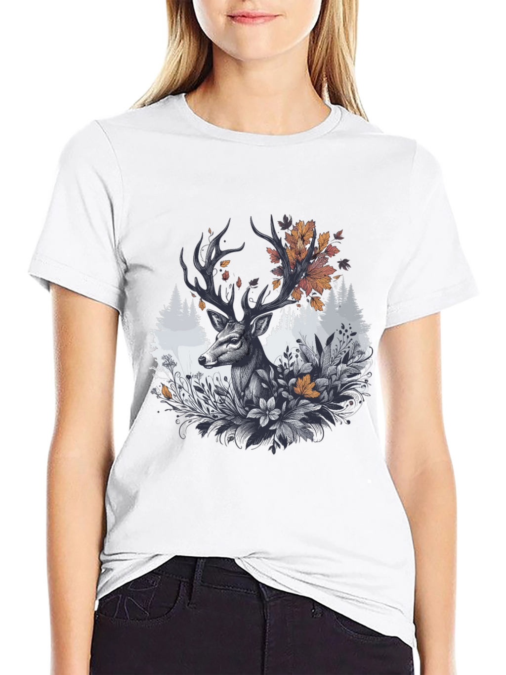 Deer Floral Graphic Tee - Black