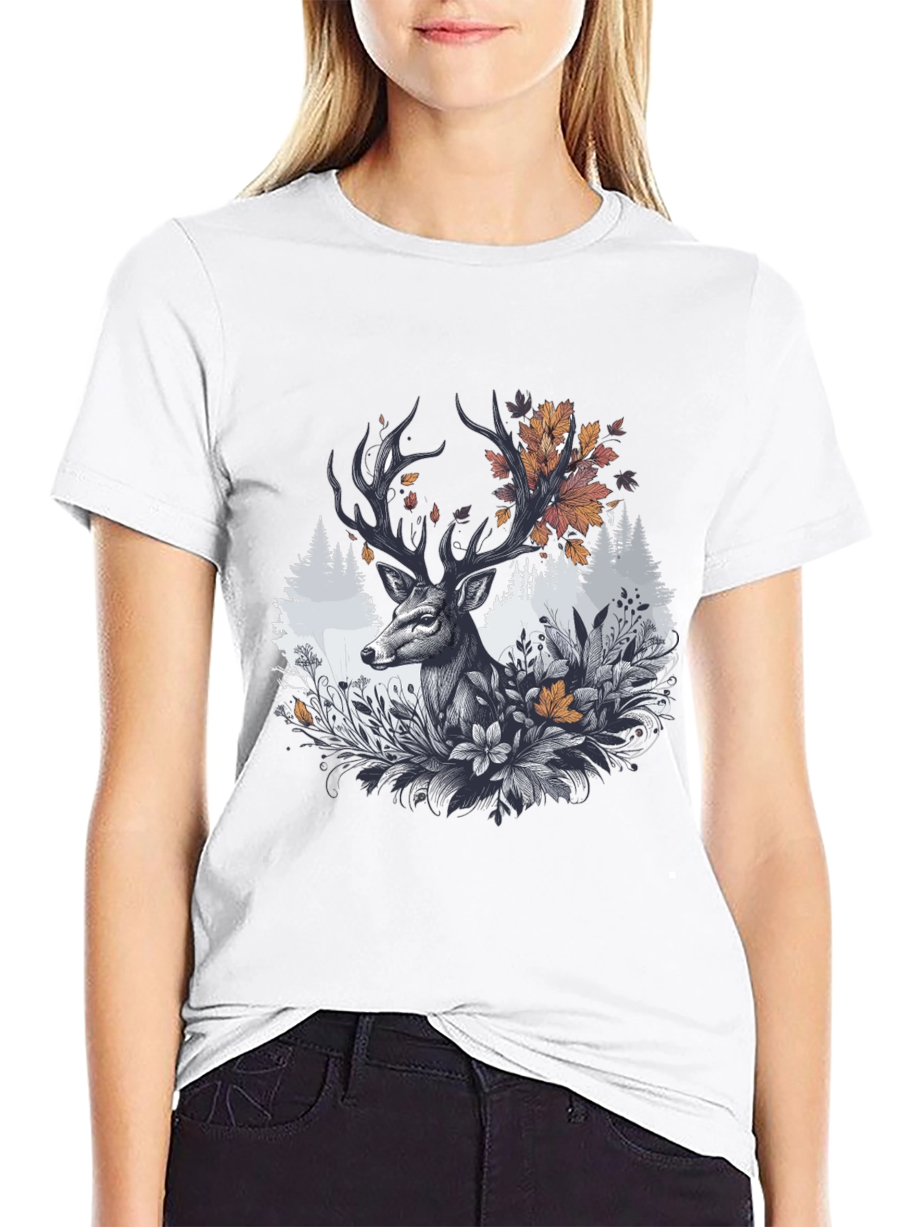 Deer Floral Graphic Tee - Black