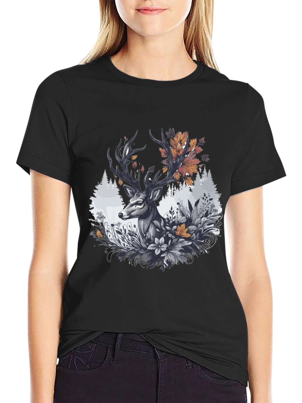 Deer Floral Graphic Tee - Black