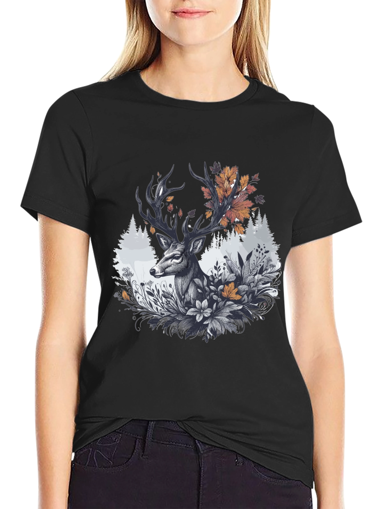Deer Floral Graphic Tee - Black