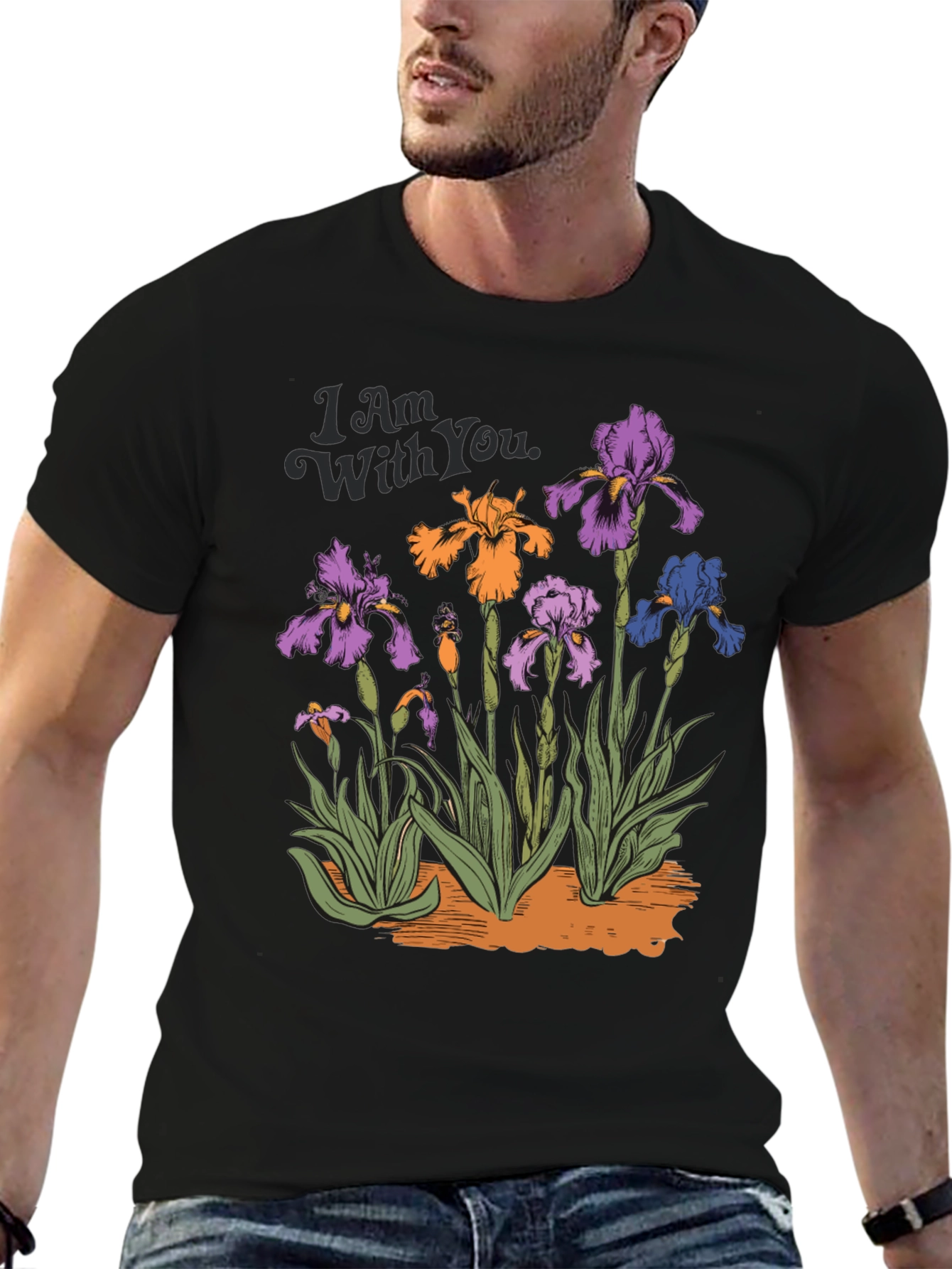 Floral Iris Graphic Print Mens Black T-Shirt