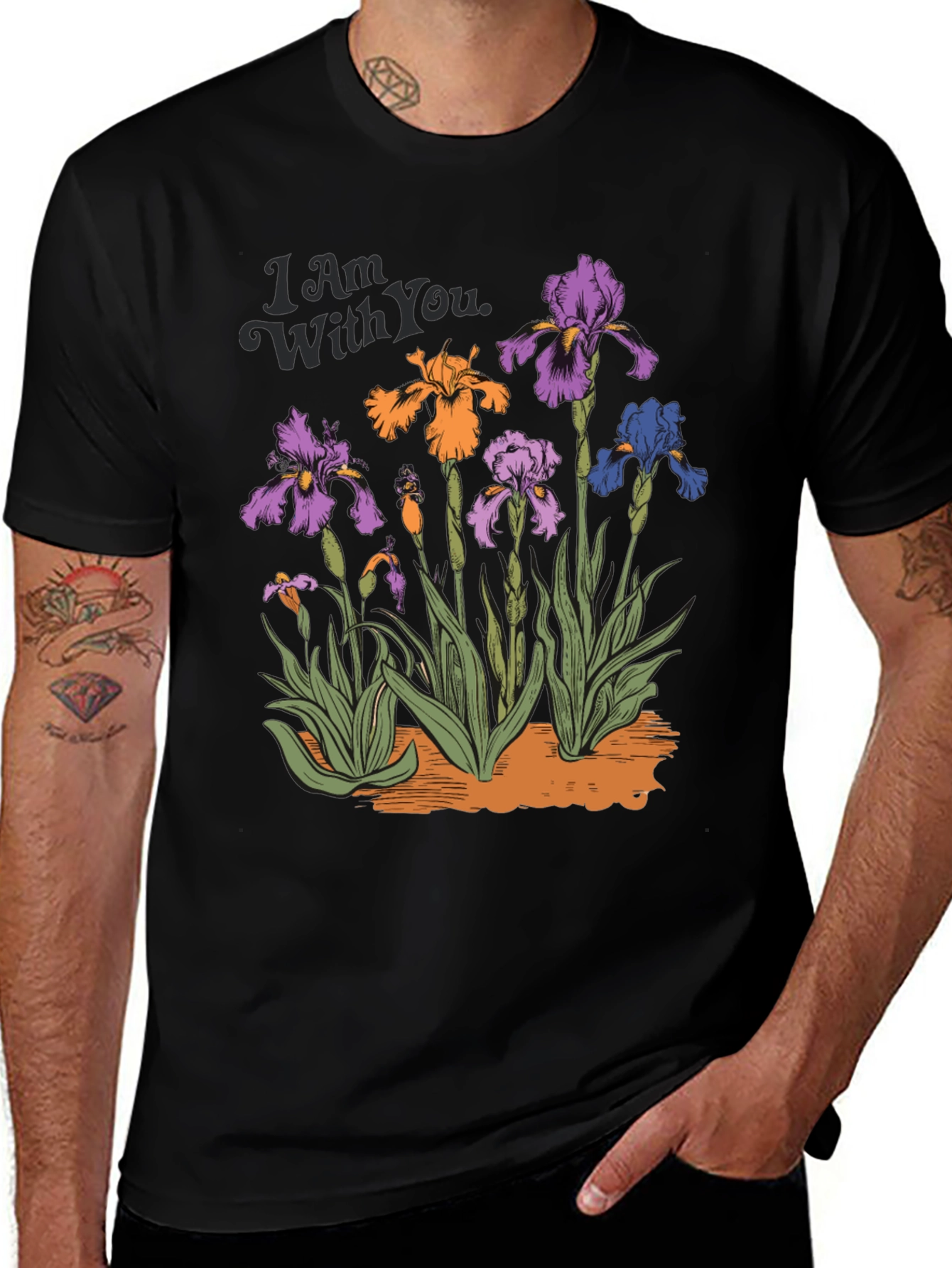 Floral Iris Graphic Print Mens Black T-Shirt