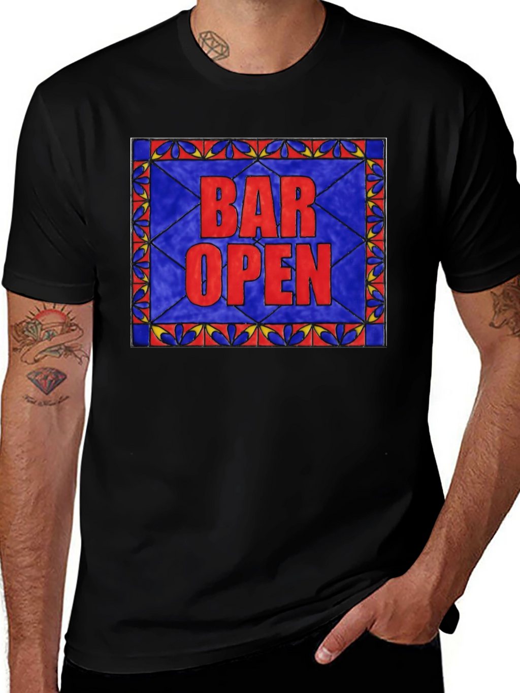 Bar Open Stained Glass Graphic Tee - Black