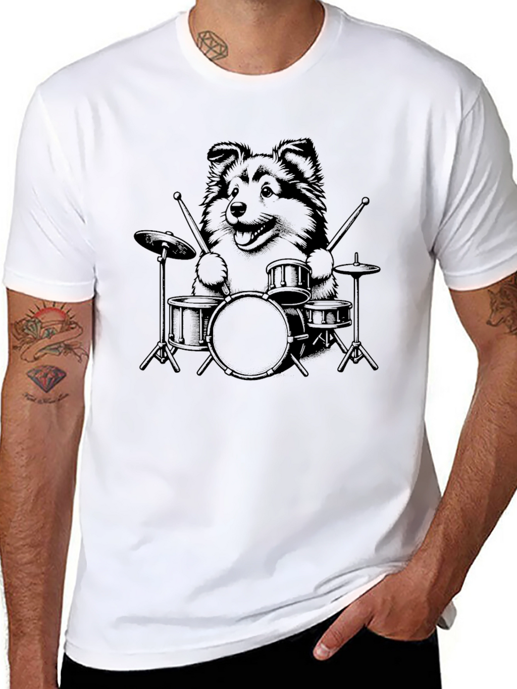 Dog Drummer Graphic Tee - Black Cotton T-Shirt