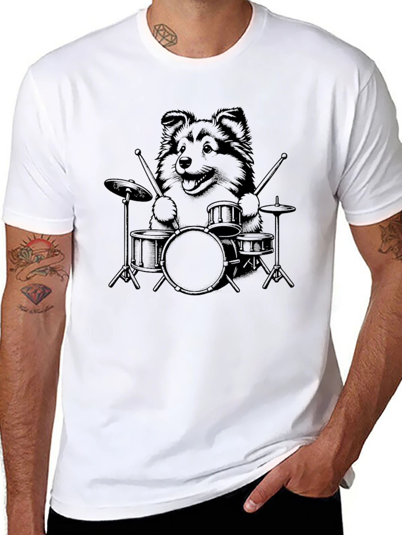 Dog Drummer Graphic Tee - Black Cotton T-Shirt