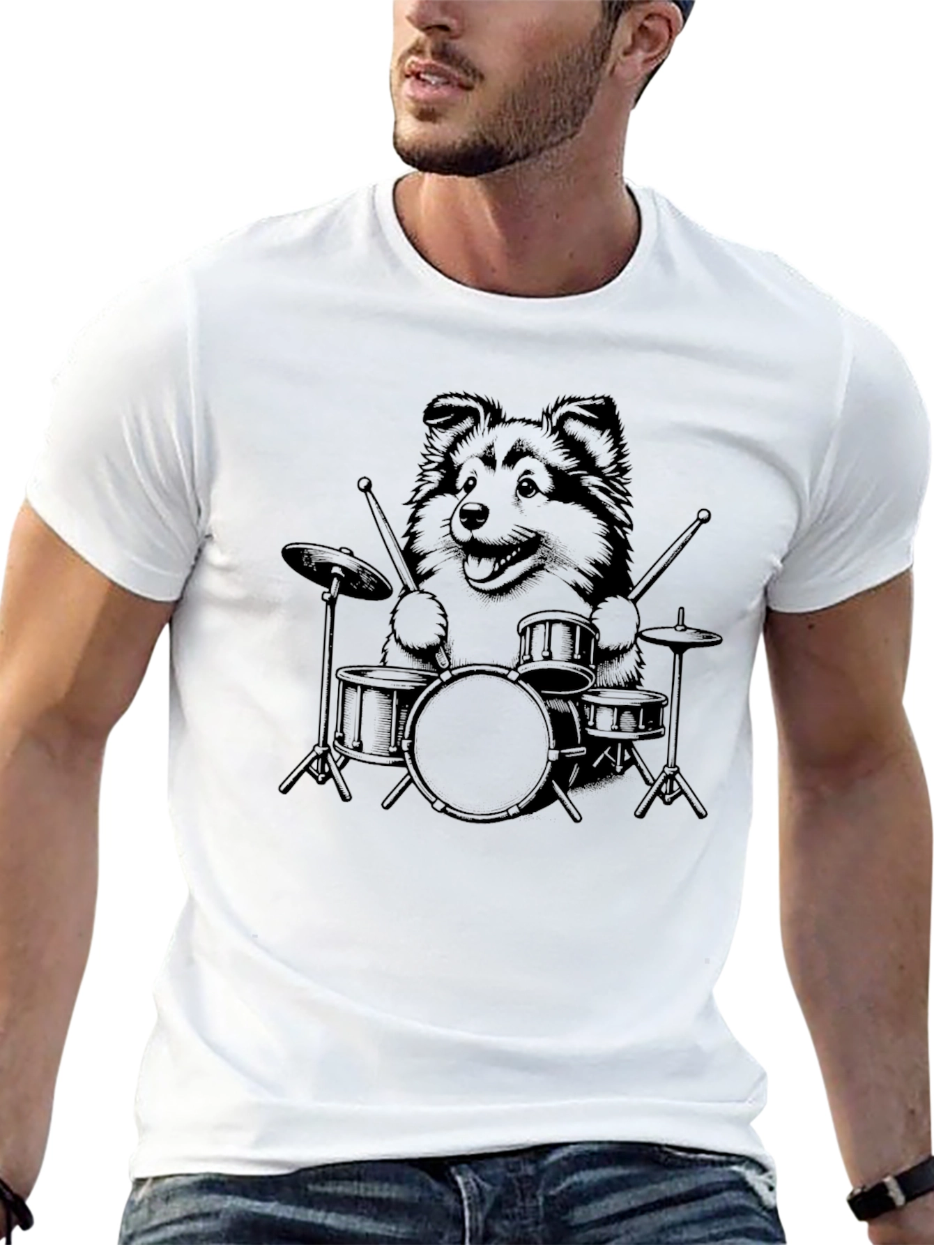 Dog Drummer Graphic Tee - Black Cotton T-Shirt
