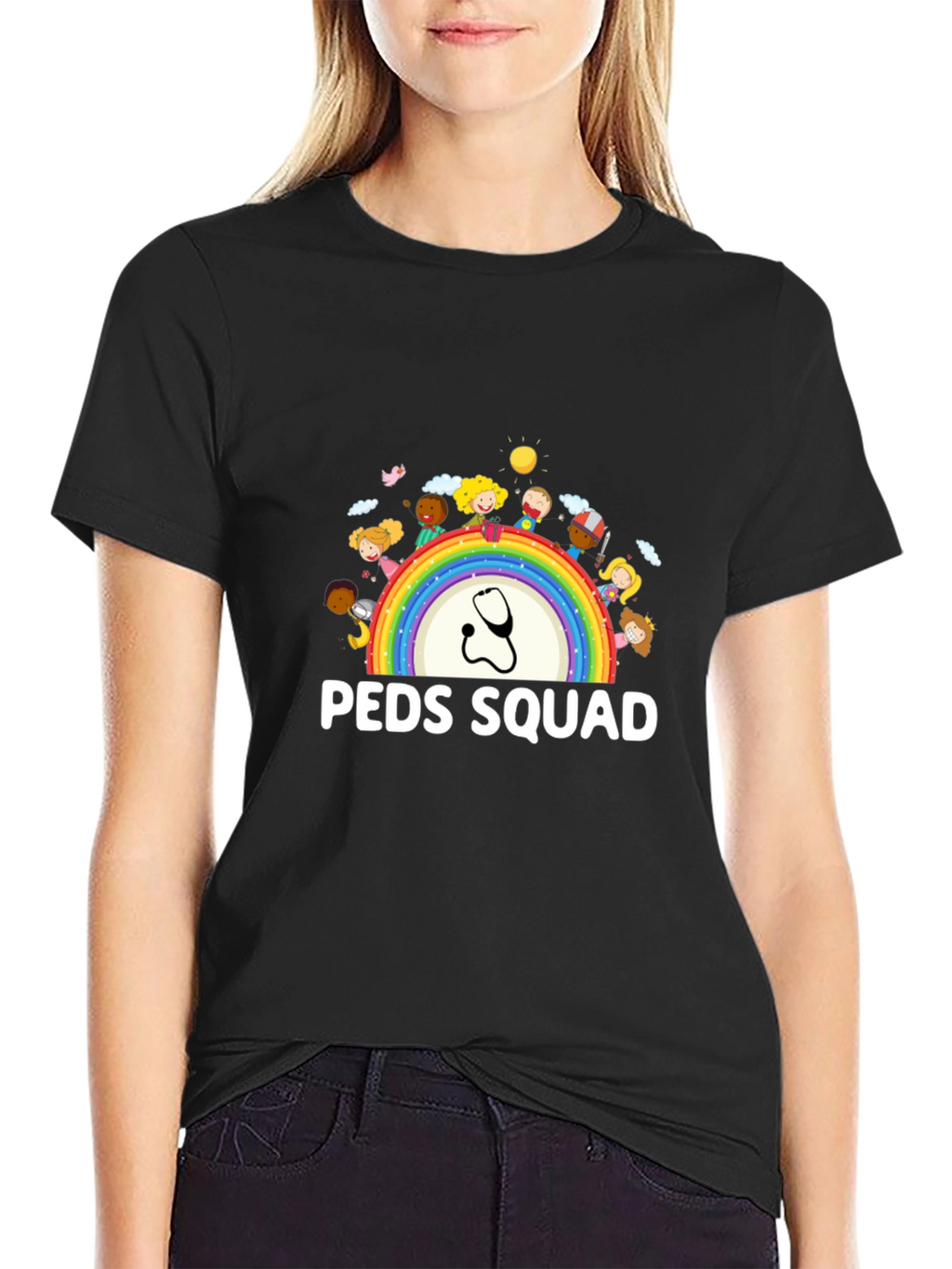 Peds Squad T-Shirt: Pediatrician Rainbow Stethoscope Tee