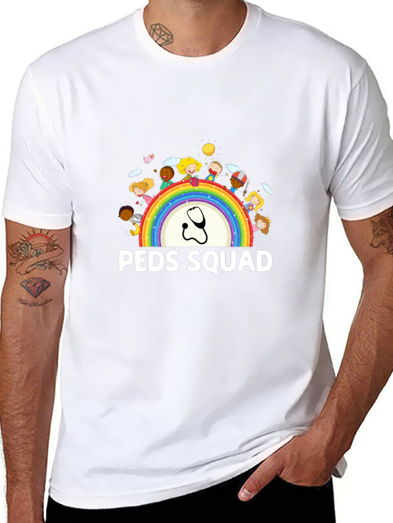 Peds Squad T-Shirt: Pediatrician Rainbow Stethoscope Tee