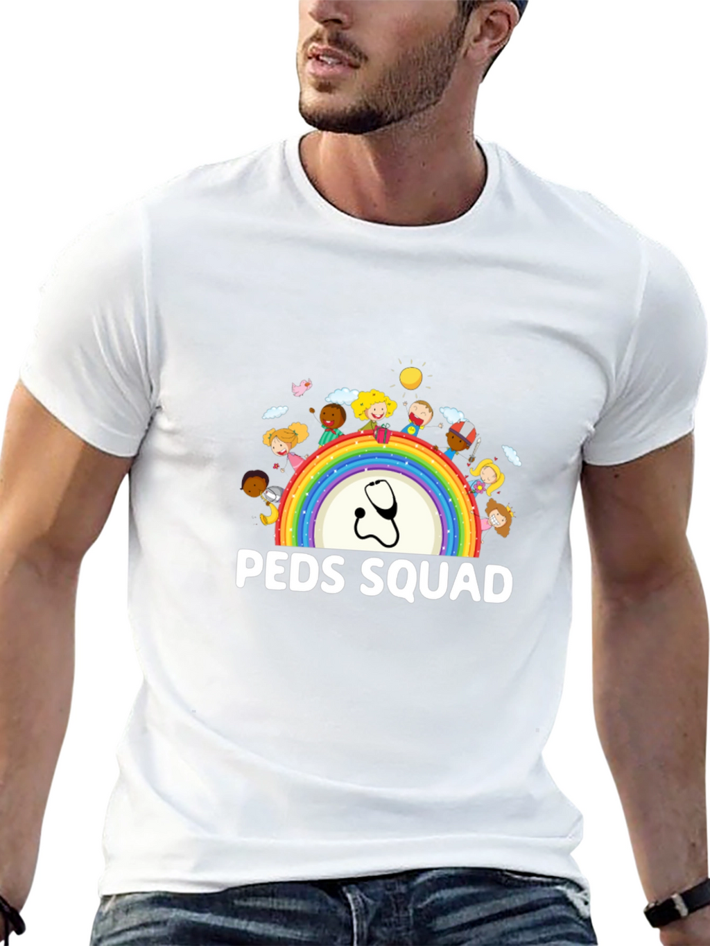 Peds Squad T-Shirt: Pediatrician Rainbow Stethoscope Tee