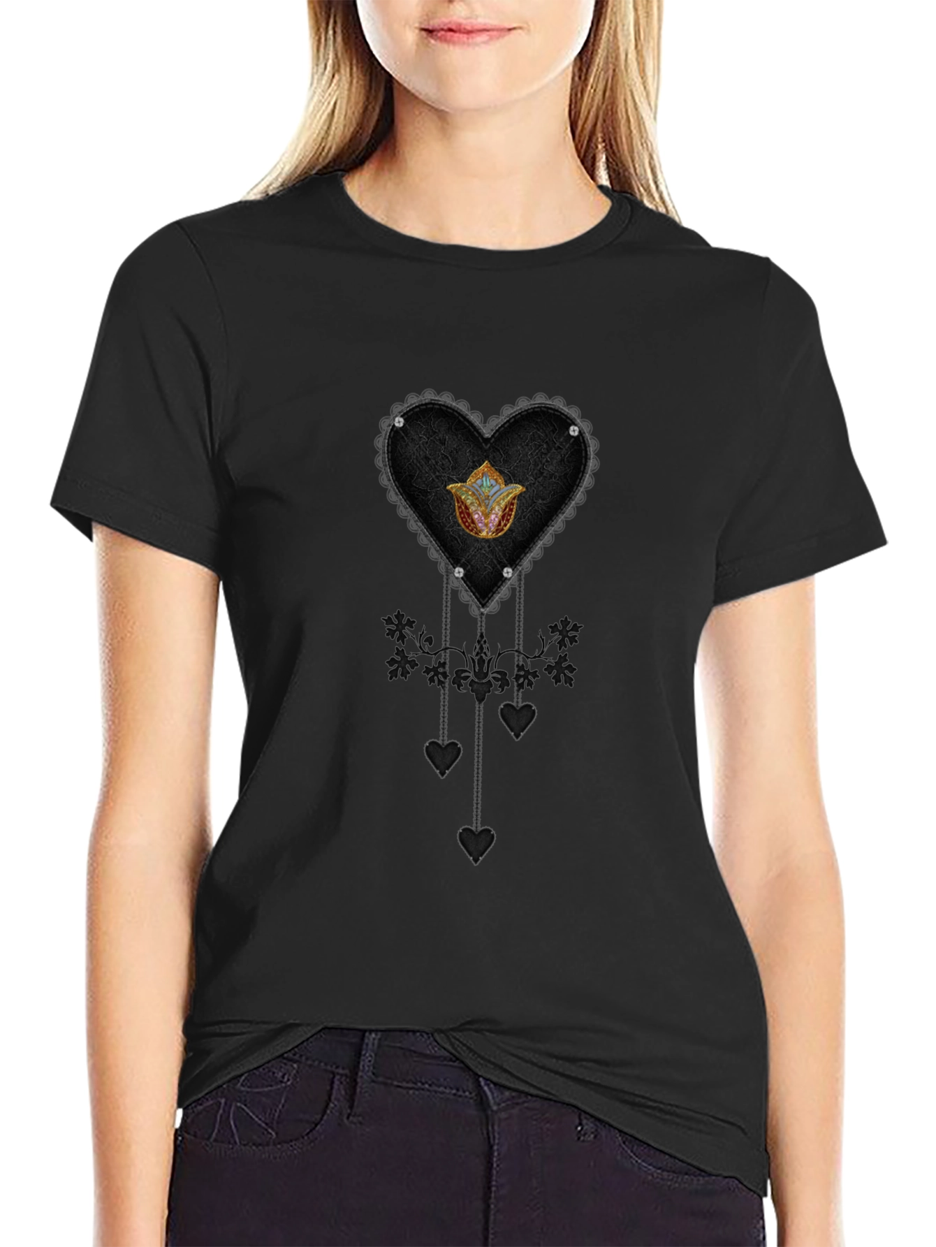 Gothic Heart & Floral Emblem Black T-Shirt