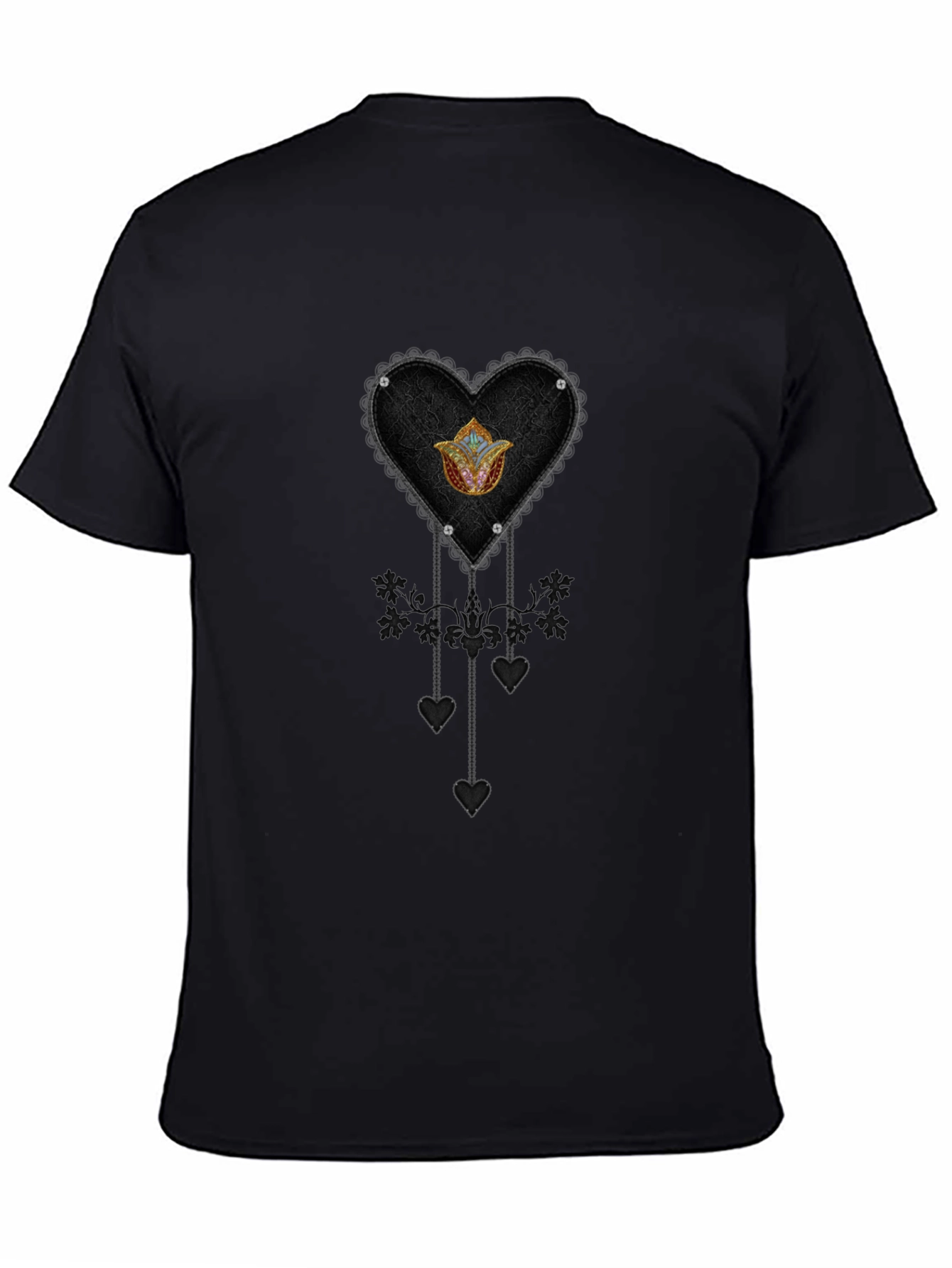 Gothic Heart & Floral Emblem Black T-Shirt