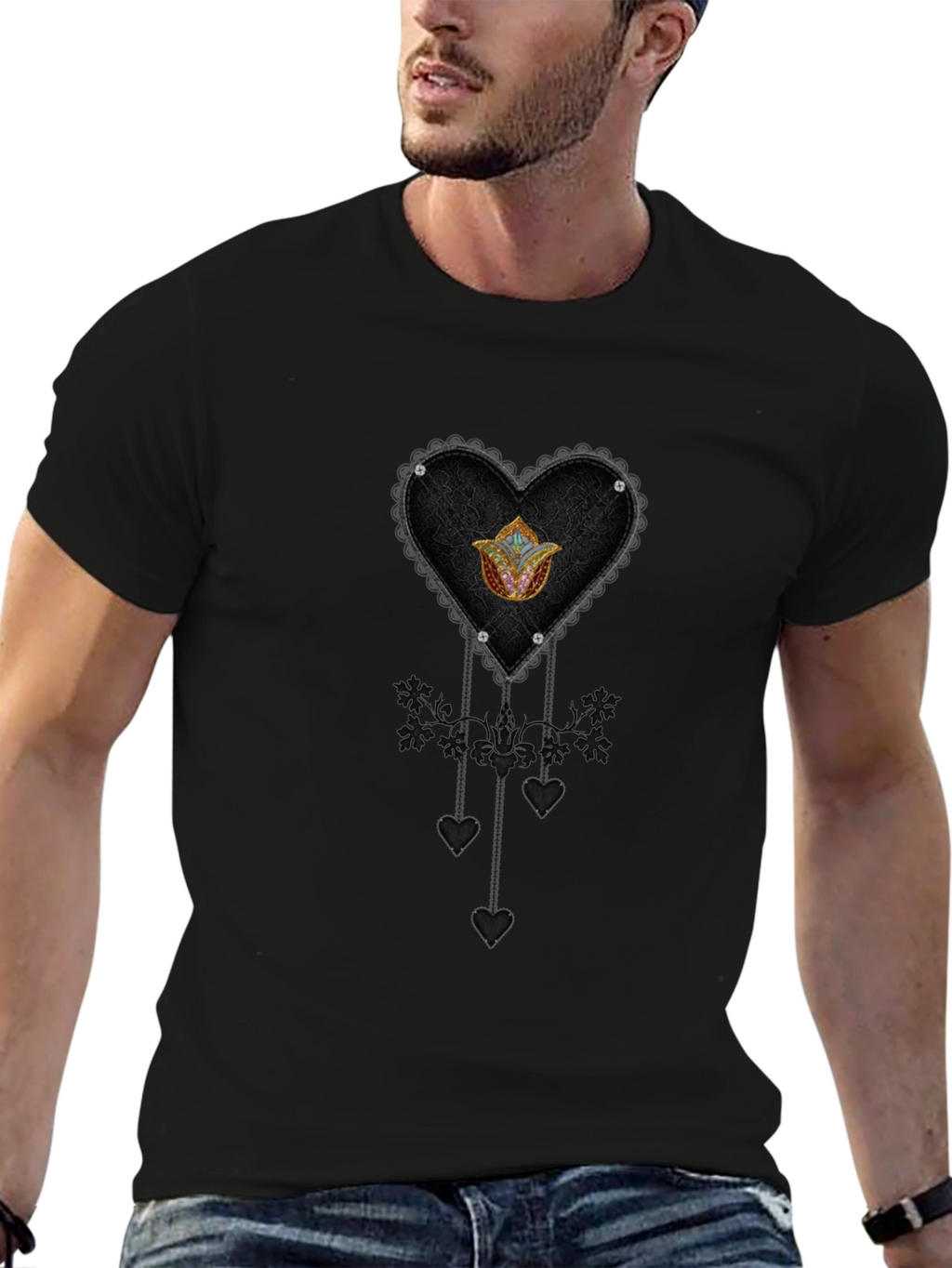 Gothic Heart & Floral Emblem Black T-Shirt