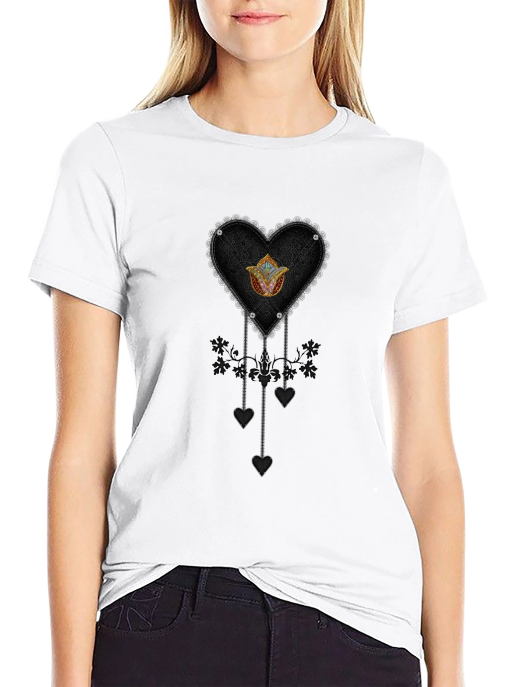 Gothic Heart & Floral Emblem Black T-Shirt