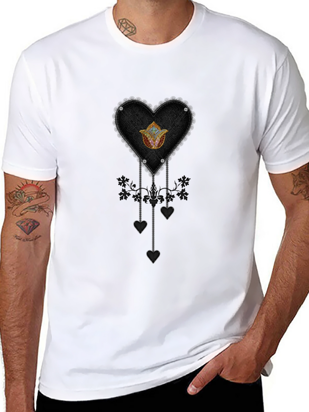 Gothic Heart & Floral Emblem Black T-Shirt
