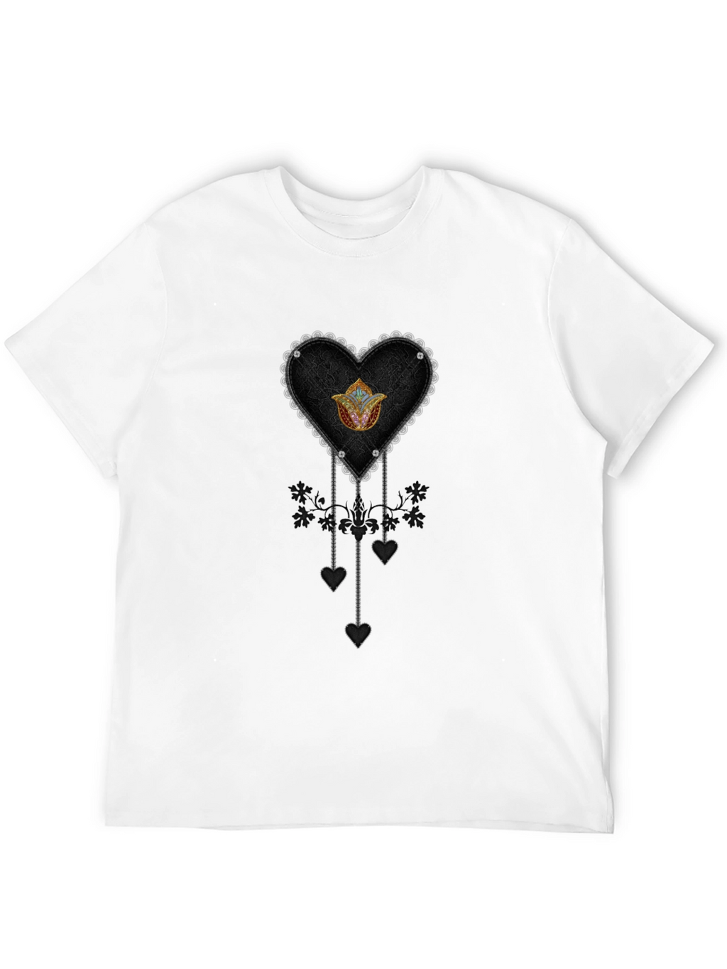 Gothic Heart & Floral Emblem Black T-Shirt