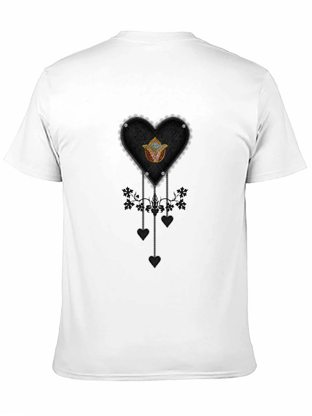 Gothic Heart & Floral Emblem Black T-Shirt